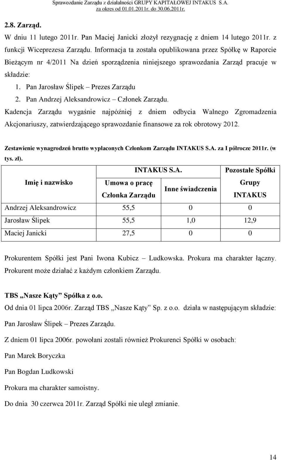 Pan Andrzej Aleksandrowicz Członek Zarządu. Kadencja Zarządu wygaśnie najpóźniej z dniem odbycia Walnego Zgromadzenia Akcjonariuszy, zatwierdzającego sprawozdanie finansowe za rok obrotowy 2012.