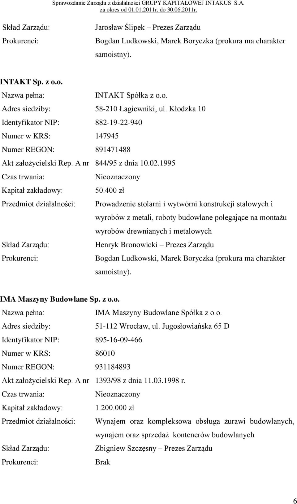 400 zł Przedmiot działalności: Prowadzenie stolarni i wytwórni konstrukcji stalowych i wyrobów z metali, roboty budowlane polegające na montażu wyrobów drewnianych i metalowych Skład Zarządu: Henryk