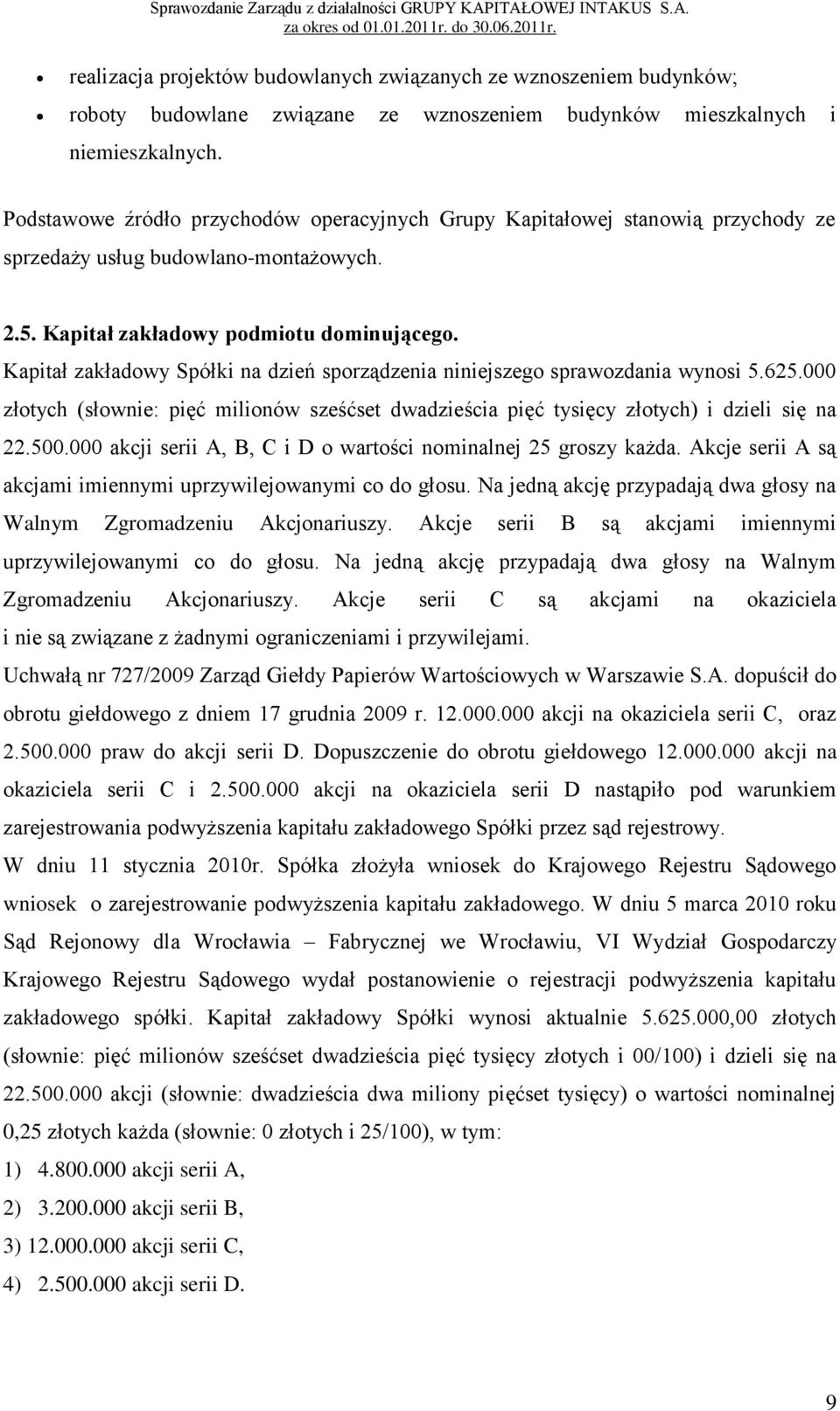 Kapitał zakładowy Spółki na dzień sporządzenia niniejszego sprawozdania wynosi 5.625.000 złotych (słownie: pięć milionów sześćset dwadzieścia pięć tysięcy złotych) i dzieli się na 22.500.