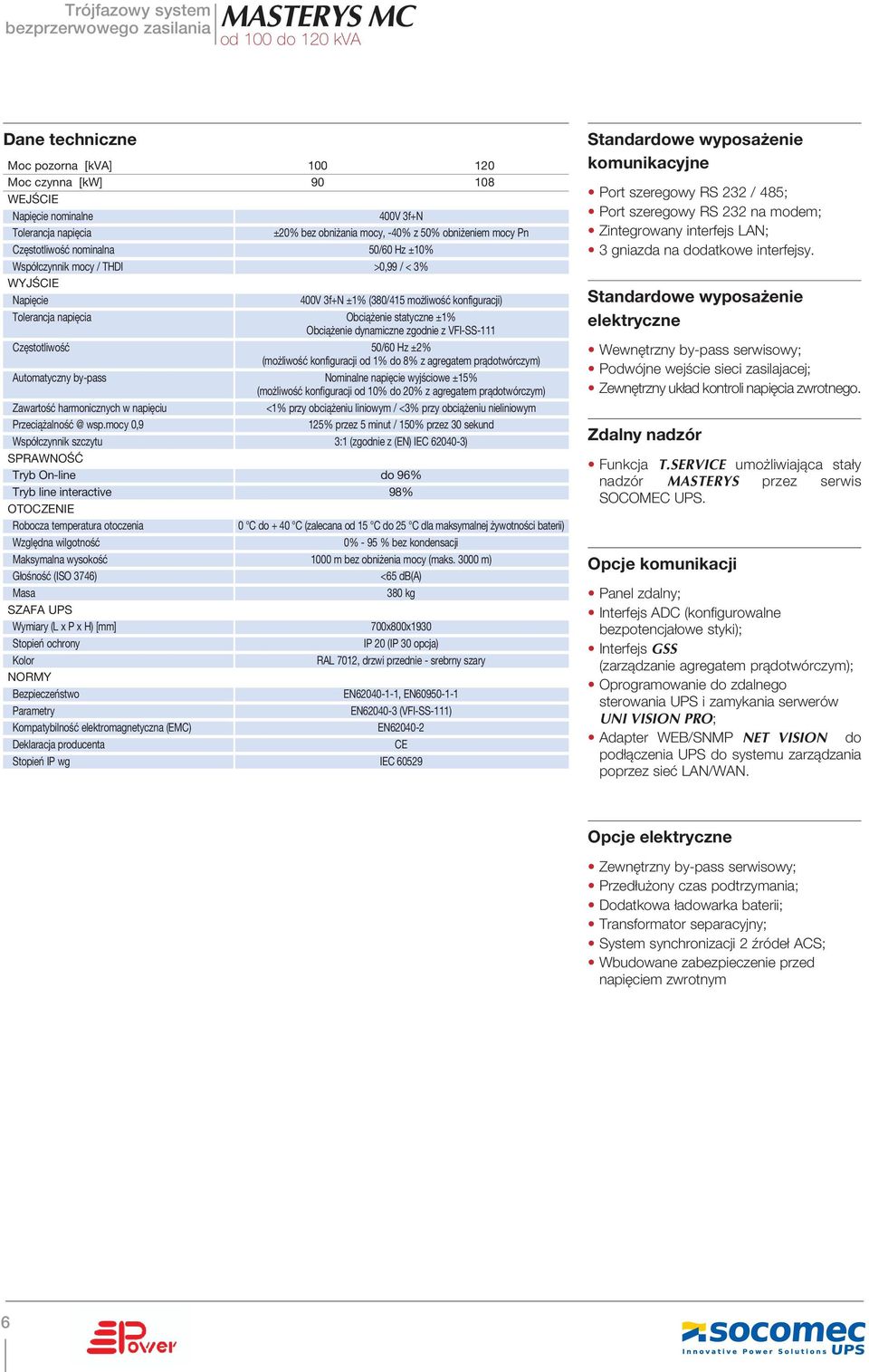 dynamiczne zgodnie z VFI-SS-111 Częstotliwość 50/60 Hz ±2% (możliwość konfiguracji od 1% do 8% z agregatem prądotwórczym) Automatyczny by-pass Nominalne napięcie wyjściowe ±15% (możliwość