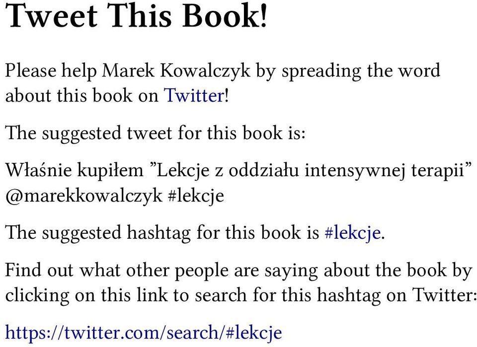 @marekkowalczyk #lekcje The suggested hashtag for this book is #lekcje.
