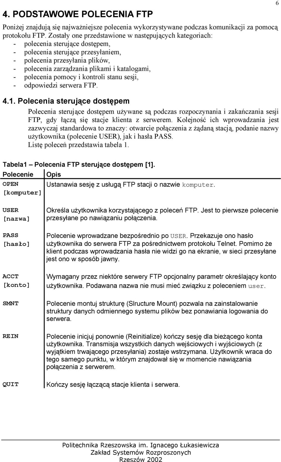 katalogami, - polecenia pomocy i kontroli stanu sesji, - odpowiedzi serwera FTP. 4.1.