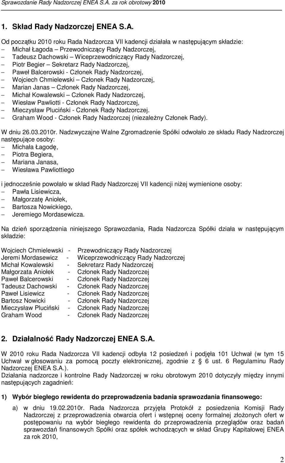 Begier Sekretarz Rady Nadzorczej, Paweł Balcerowski - Członek Rady Nadzorczej, Wojciech Chmielewski Członek Rady Nadzorczej, Marian Janas Członek Rady Nadzorczej, Michał Kowalewski Członek Rady