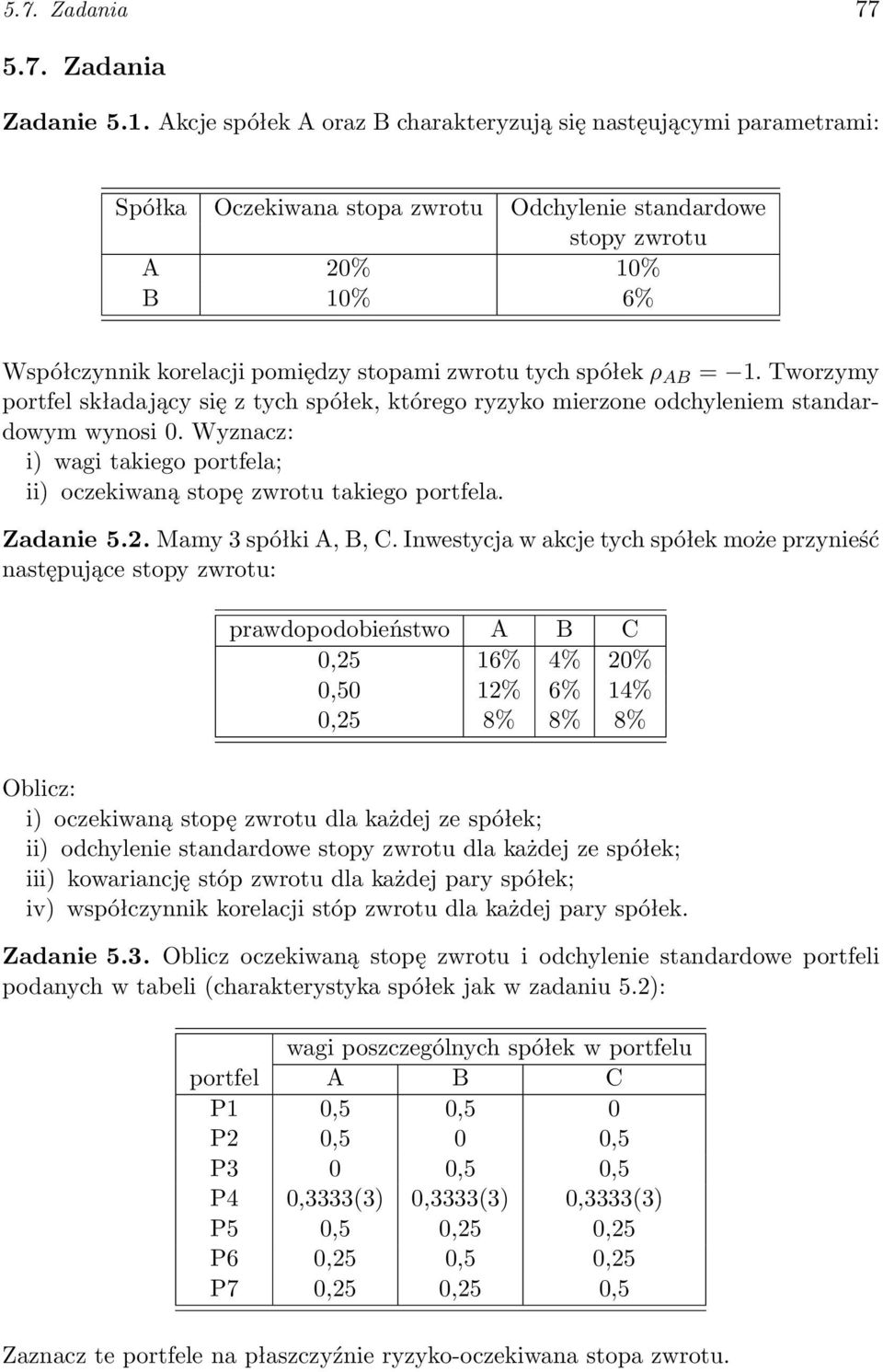 tych spółek ρ AB = 1. Tworzymy portfel składający się z tych spółek, którego ryzyko mierzone odchyleniem standardowym wynosi 0.