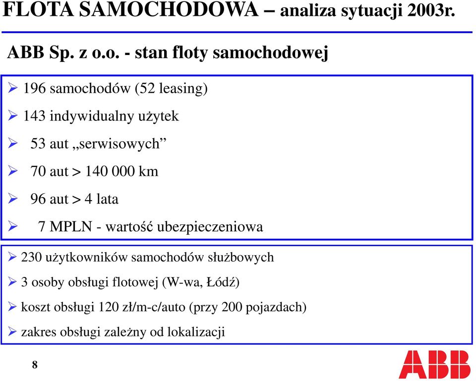 serwisowych 70 aut > 140 000 km 96 aut > 4 lata 7 MPLN - wartość ubezpieczeniowa 230 uŝytkowników
