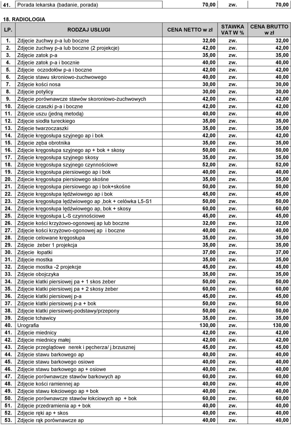 Zdjęcie kości nosa 30,00 30,00 8. Zdjęcie potylicy 30,00 30,00 9. Zdjęcie porównawcze stawów skoroniowo-żuchwowych 42,00 42,00 10. Zdjęcie czaszki p-a i boczne 42,00 42,00 11.