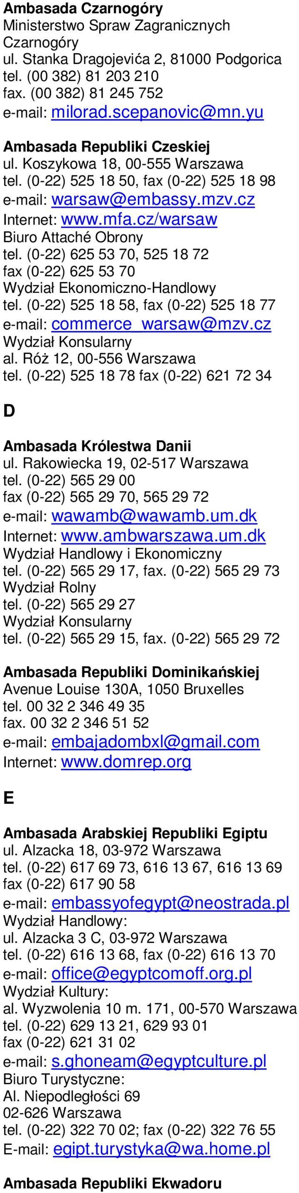 (0-22) 625 53 70, 525 18 72 fax (0-22) 625 53 70 Wydział Ekonomiczno-Handlowy tel. (0-22) 525 18 58, fax (0-22) 525 18 77 e-mail: commerce_warsaw@mzv.cz al. RóŜ 12, 00-556 Warszawa tel.