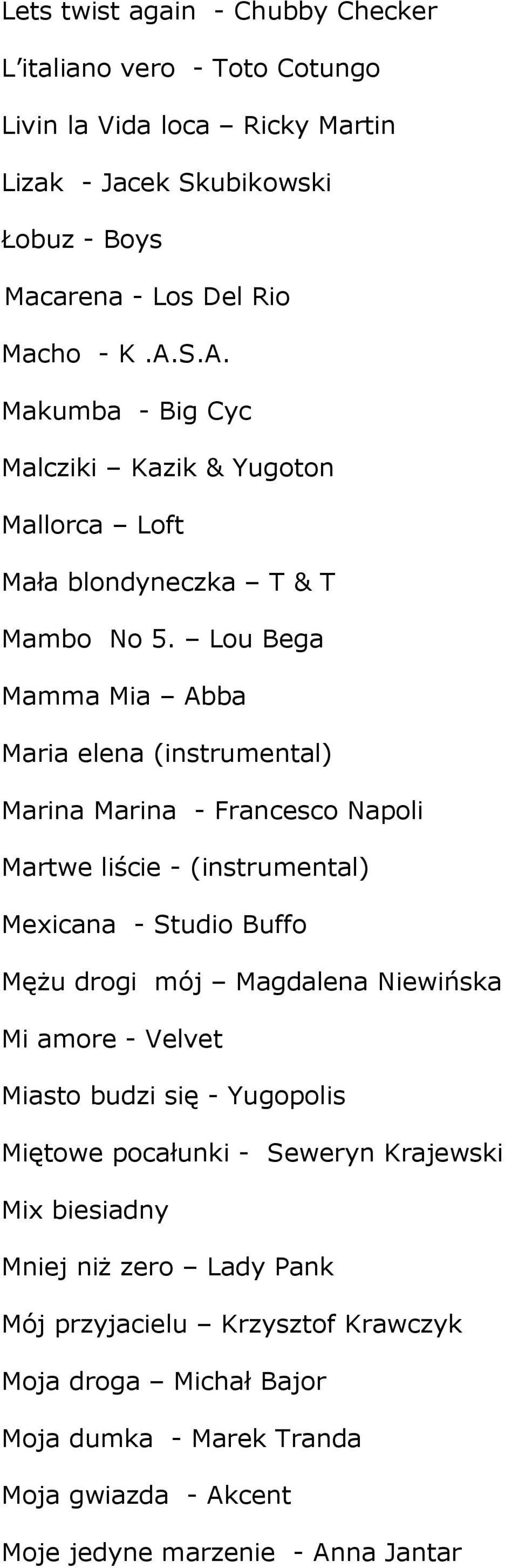 Lou Bega Mamma Mia Abba Maria elena (instrumental) Marina Marina - Francesco Napoli Martwe liście - (instrumental) Mexicana - Studio Buffo Mężu drogi mój Magdalena Niewińska Mi