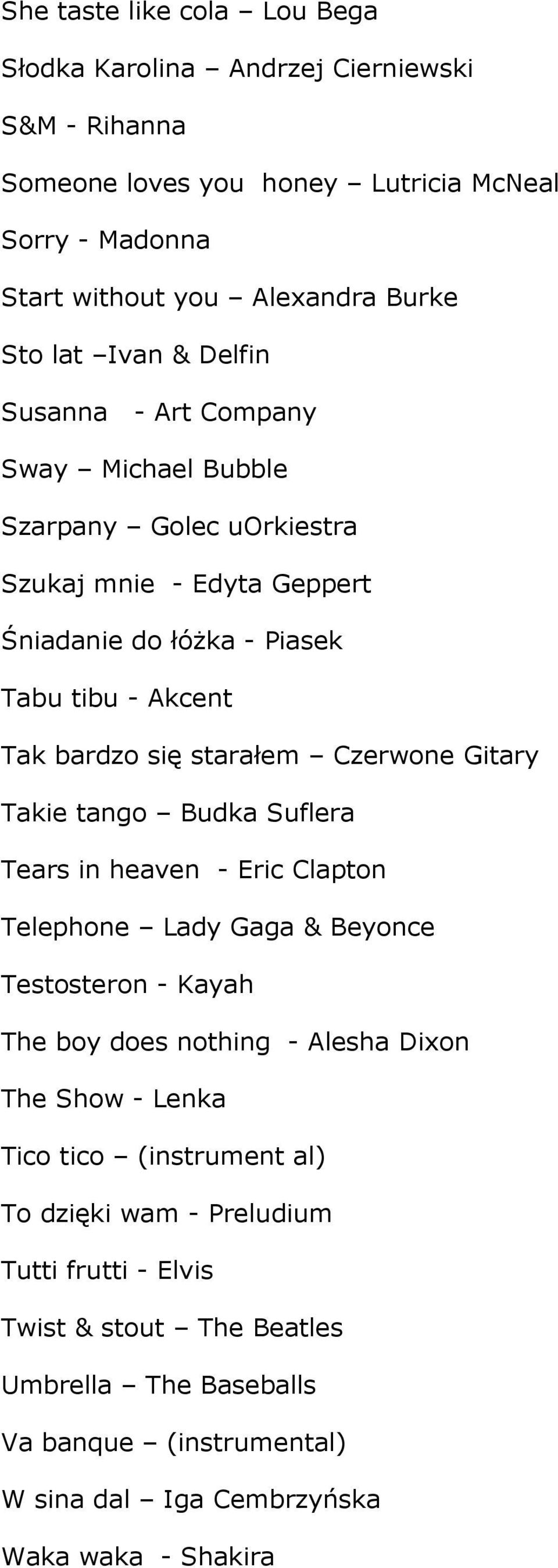Czerwone Gitary Takie tango Budka Suflera Tears in heaven - Eric Clapton Telephone Lady Gaga & Beyonce Testosteron - Kayah The boy does nothing - Alesha Dixon The Show - Lenka Tico