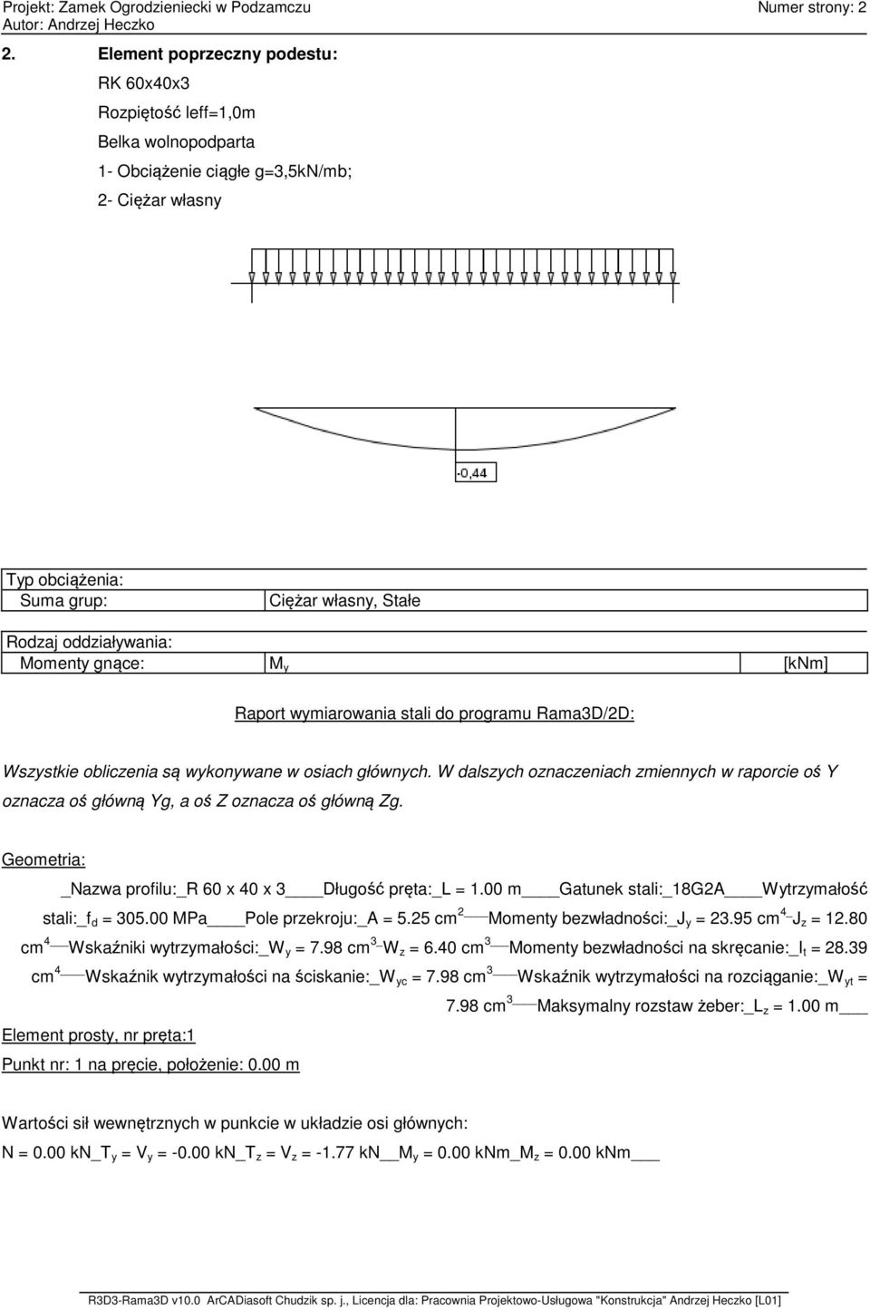 W dalszych oznaczeniach zmiennych w raporcie oś Y oznacza oś główną Yg, a oś Z oznacza oś główną Zg. Geometria: _Nazwa profilu:_r 60 x 40 x 3 Długość pręta:_l = 1.