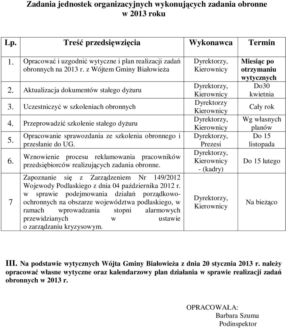 7 Opracowanie sprawozdania ze szkolenia obronnego i przesłanie do UG. Wznowienie procesu reklamowania pracowników przedsiębiorców realizujących zadania obronne.