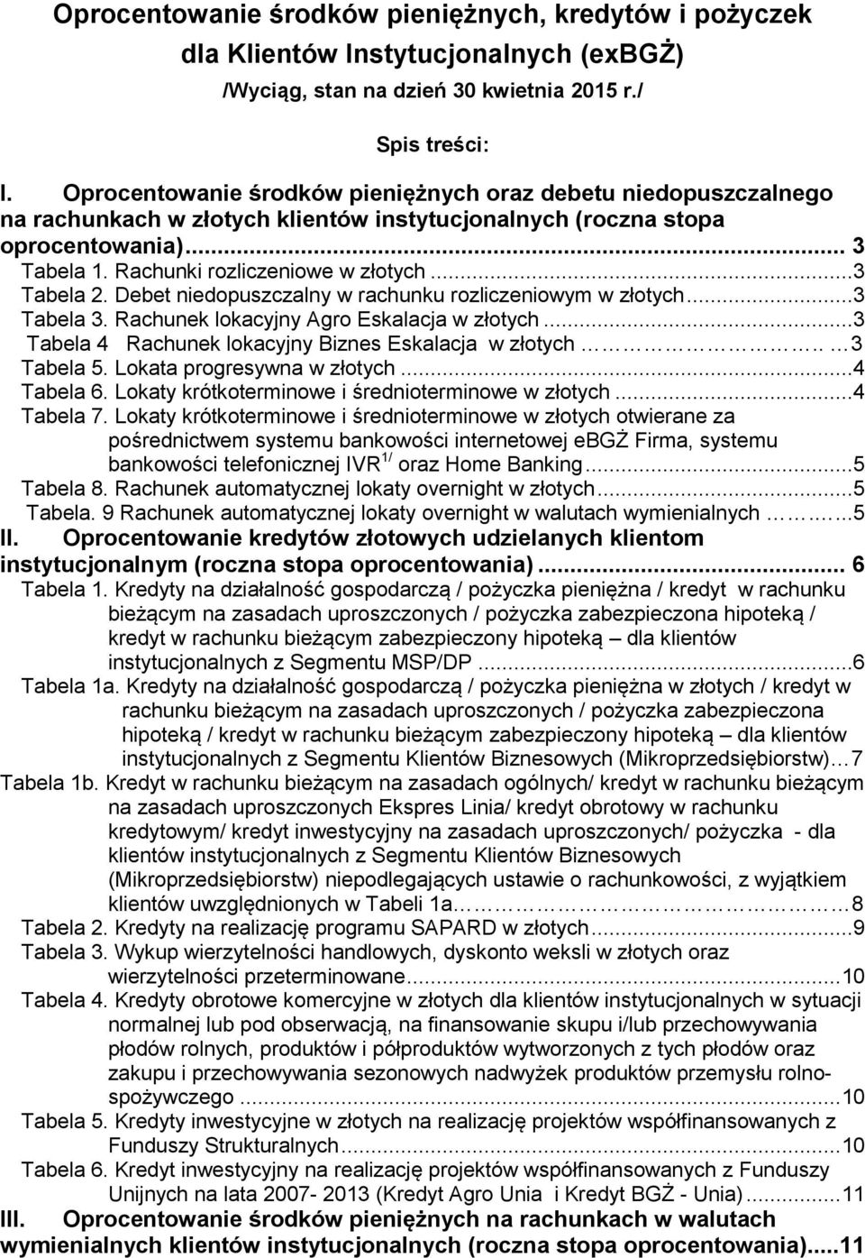 ..3 Tabela 2. Debet niedopuszczalny w rachunku rozliczeniowym w otych...3 Tabela 3. Rachunek lokacyjny Agro Eskalacja w otych...3 Tabela 4 Rachunek lokacyjny Biznes Eskalacja w otych.. 3 Tabela 5.