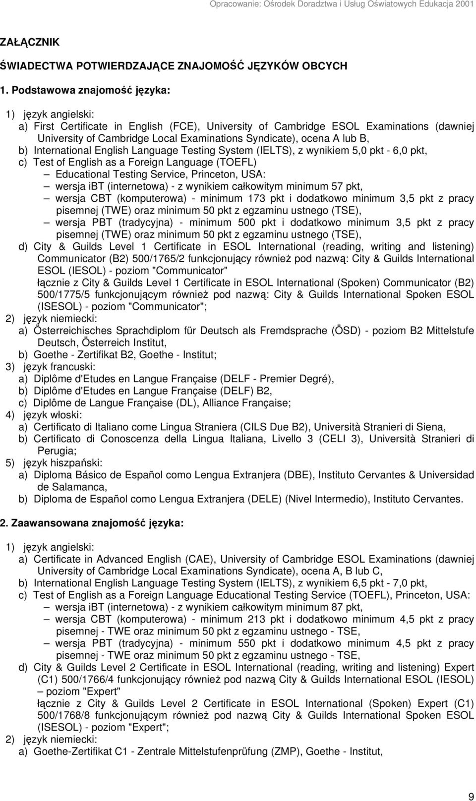 A lub B, b) International English Language Testing System (IELTS), z wynikiem 5,0 pkt - 6,0 pkt, c) Test of English as a Foreign Language (TOEFL) Educational Testing Service, Princeton, USA: wersja