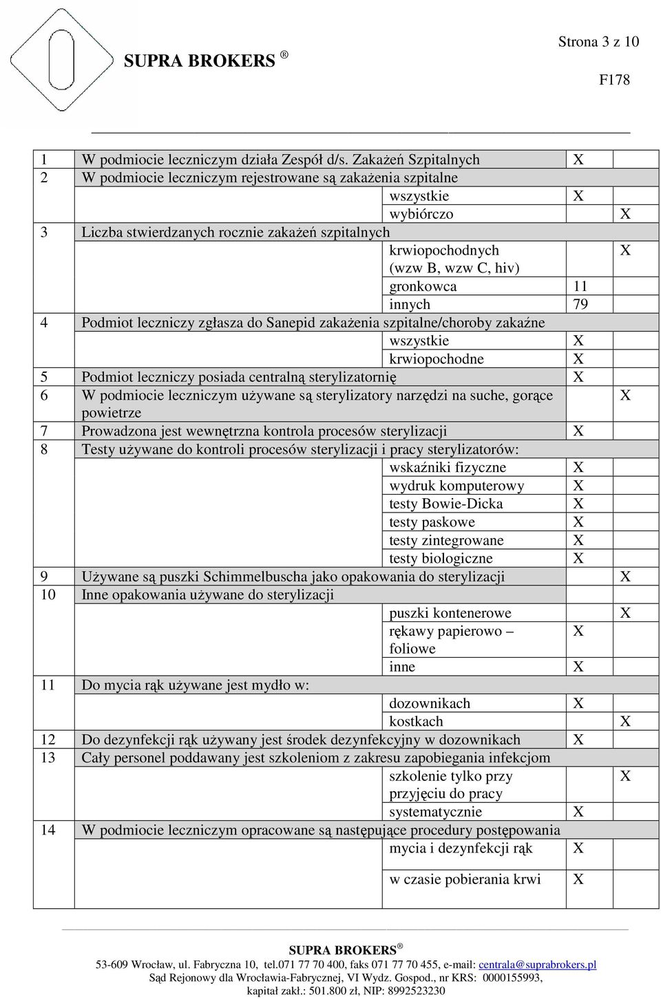 11 innych 79 4 Podmiot leczniczy zgłasza do Sanepid zakażenia szpitalne/choroby zakaźne wszystkie krwiopochodne 5 Podmiot leczniczy posiada centralną sterylizatornię 6 W podmiocie leczniczym używane