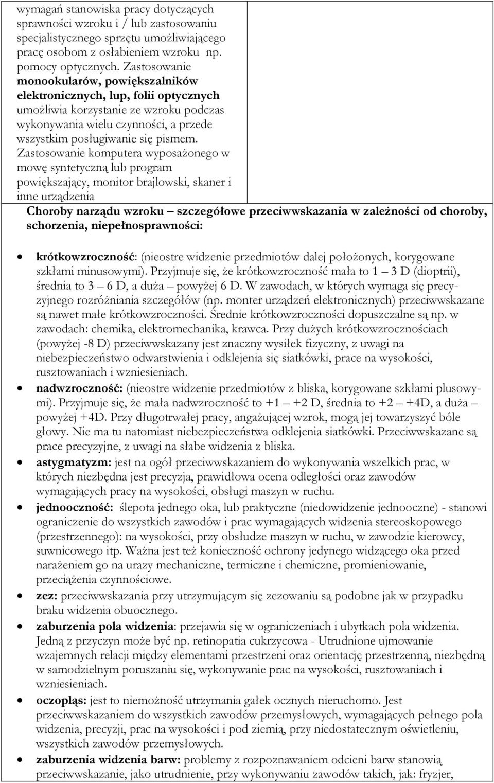 Zastosowanie komputera wyposażonego w mowę syntetyczną lub program powiększający, monitor brajlowski, skaner i inne urządzenia Choroby narządu wzroku szczegółowe przeciwwskazania w zależności od