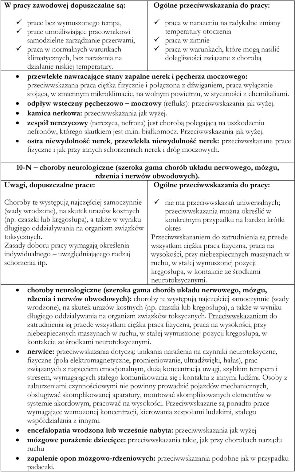 praca w narażeniu na radykalne zmiany temperatury otoczenia praca w zimnie praca w warunkach, które mogą nasilić dolegliwości związane z chorobą przewlekłe nawracające stany zapalne nerek i pęcherza