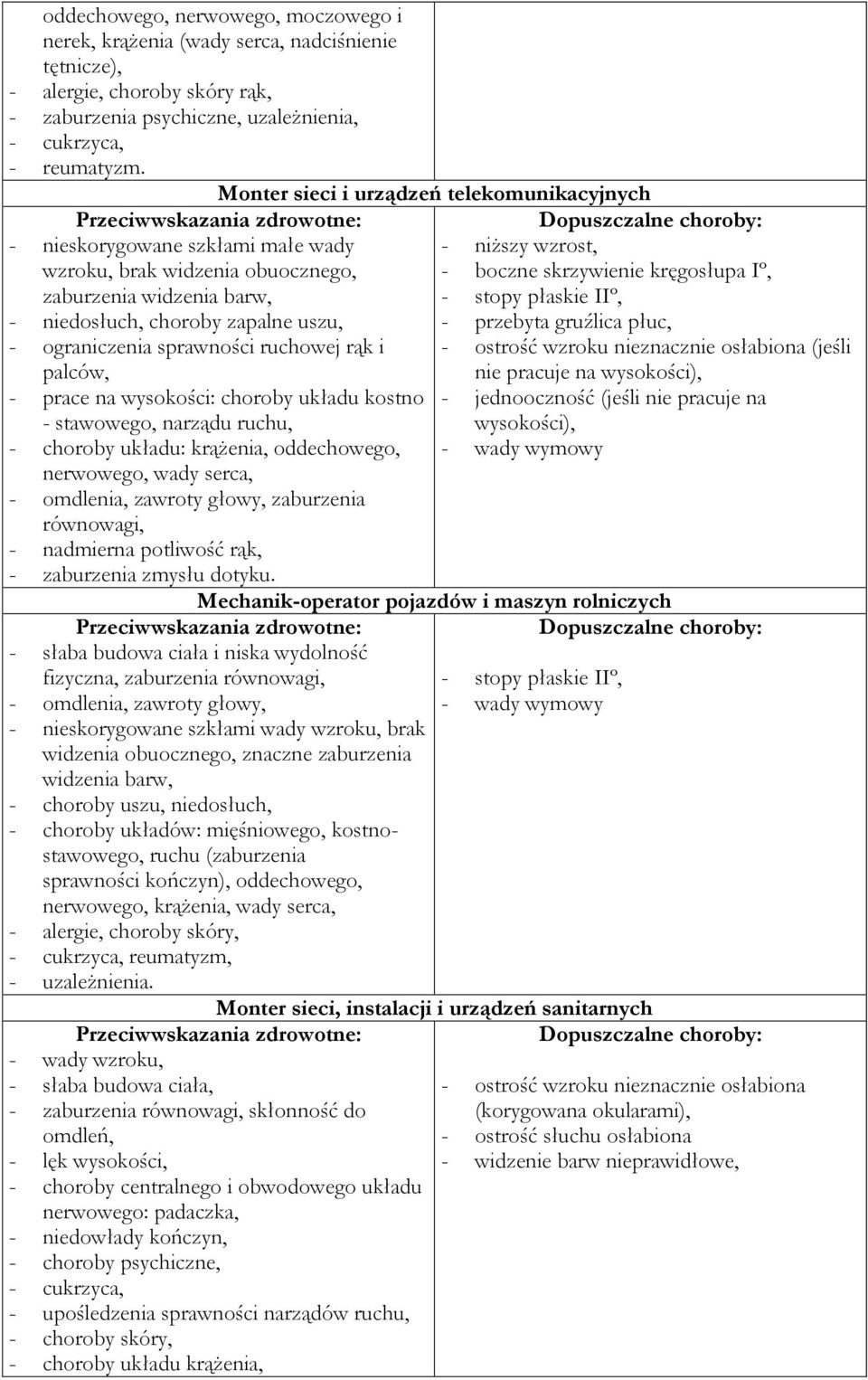 wysokości: choroby układu kostno - stawowego, narządu ruchu, - choroby układu: krążenia, oddechowego, nerwowego, wady serca, - omdlenia, zawroty głowy, zaburzenia równowagi, - nadmierna potliwość