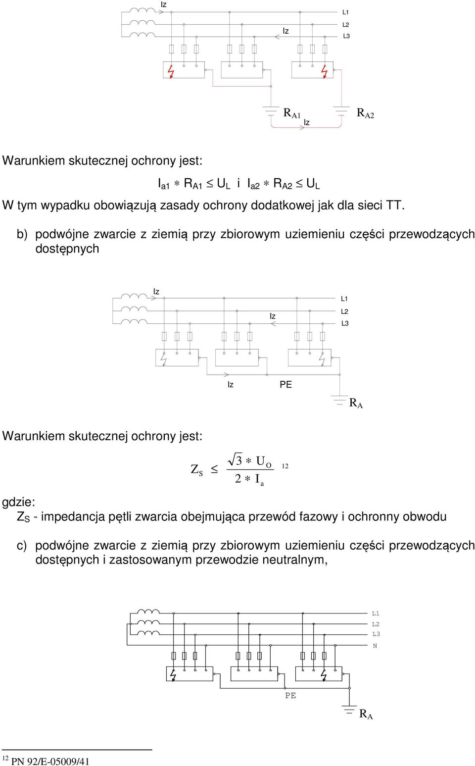 b) podwójne zwarcie z ziemią przy zbiorowym uziemieniu części przewodzących dostępnych Iz L Iz L Iz PE R A Warunkiem skutecznej