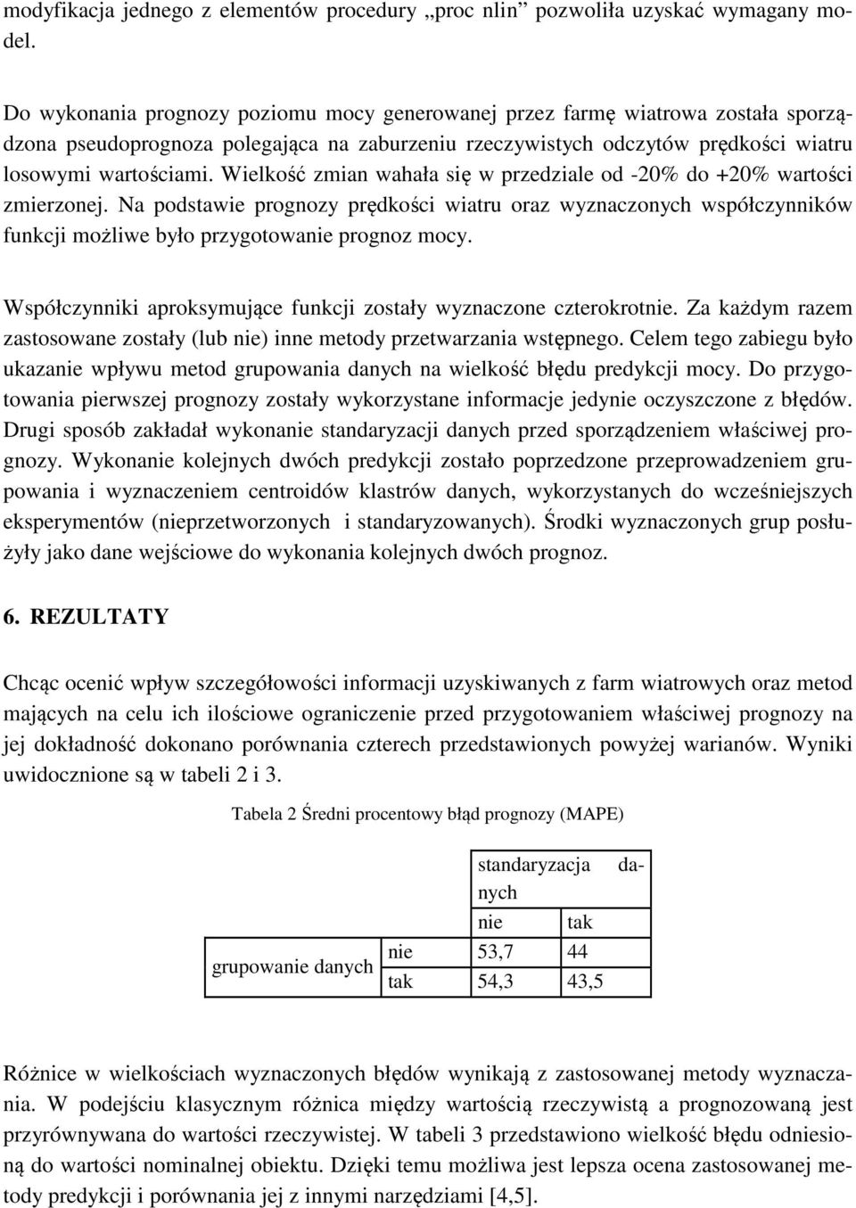 Wielkość zmian wahała się w przedziale od -20% do +20% wartości zmierzonej. Na podstawie prognozy prędkości wiatru oraz wyznaczonych współczynników funkcji możliwe było przygotowanie prognoz mocy.