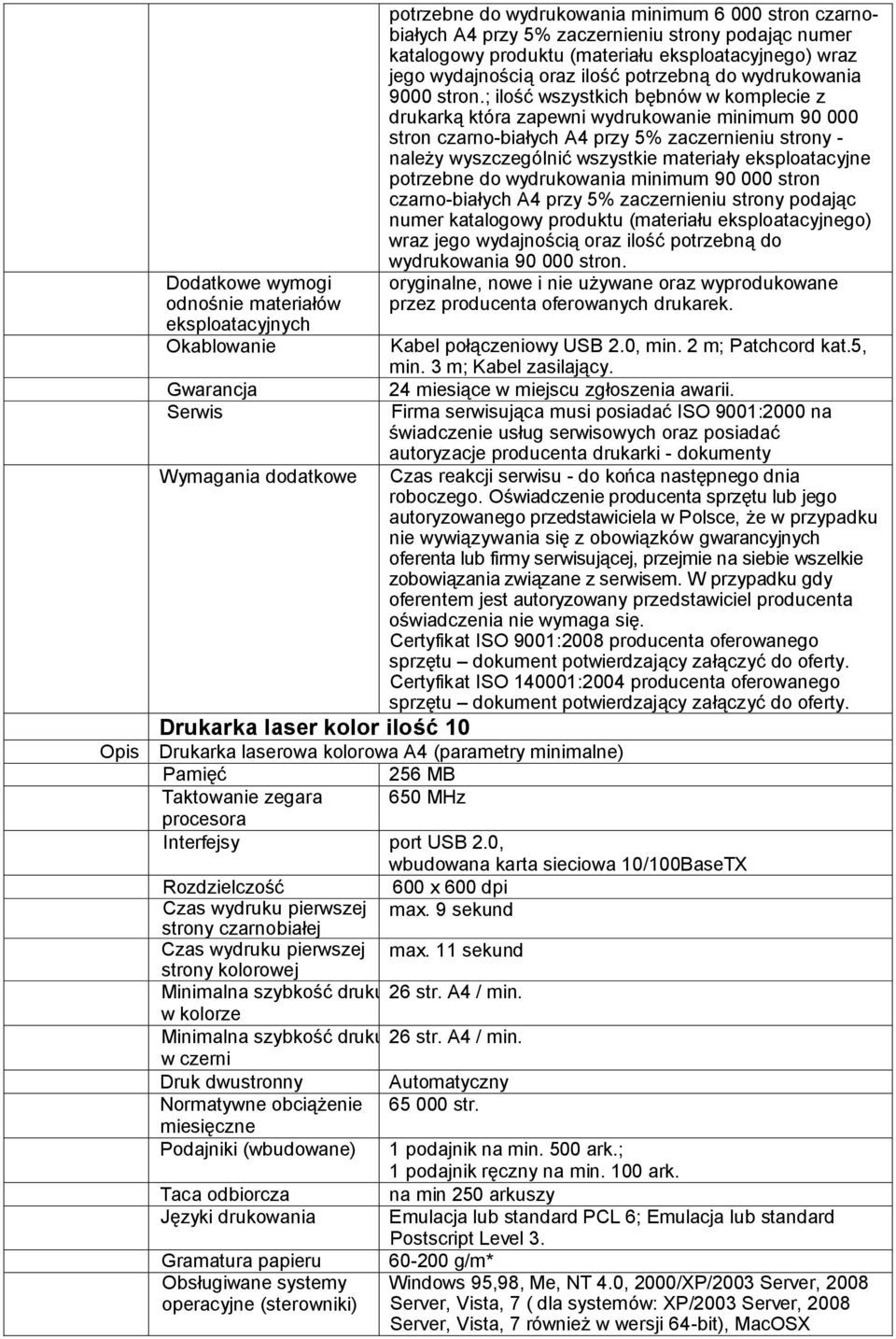 ; ilość wszystkich bębnów w komplecie z drukarką która zapewni wydrukowanie minimum 90 000 stron czarno-białych A4 przy 5% zaczernieniu strony - należy wyszczególnić wszystkie materiały