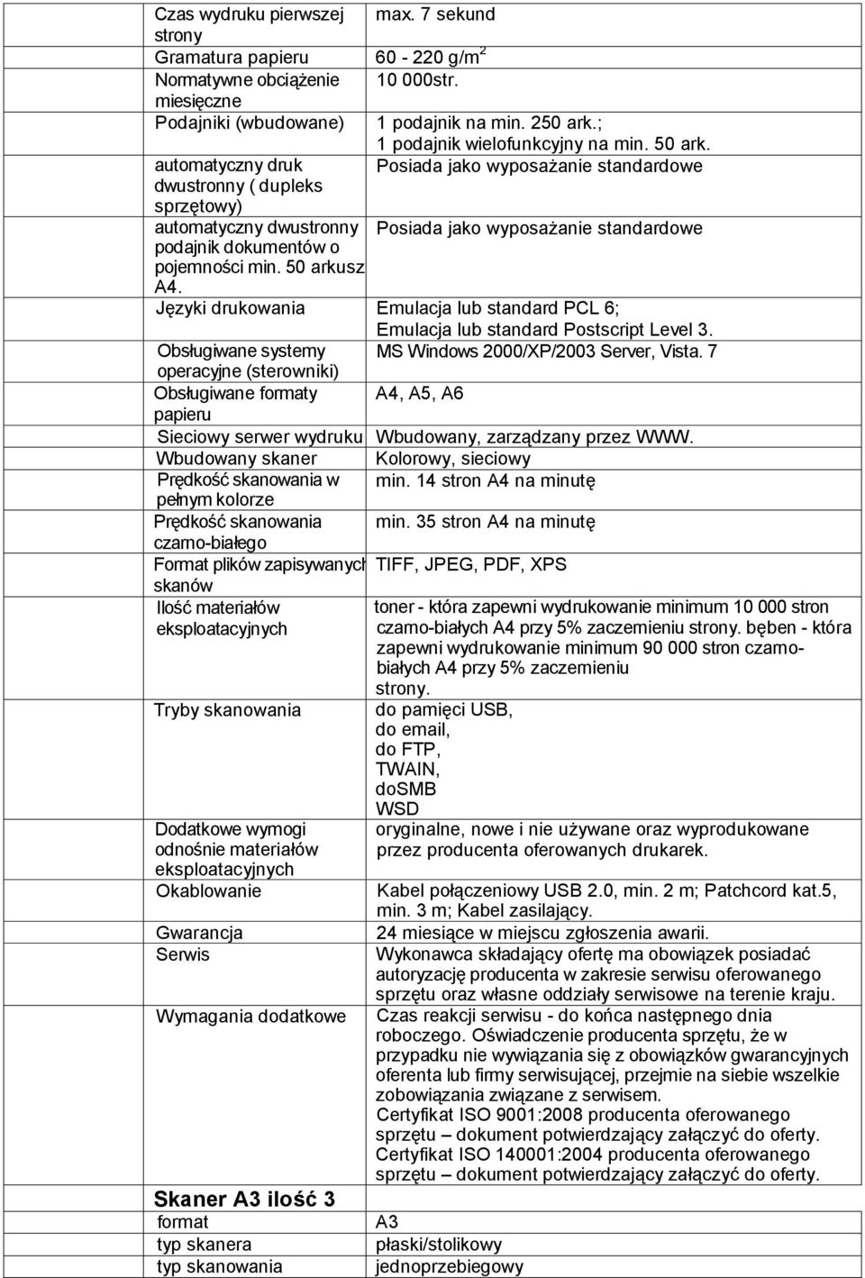 automatyczny druk Posiada jako wyposażanie standardowe dwustronny ( dupleks sprzętowy) automatyczny dwustronny Posiada jako wyposażanie standardowe podajnik dokumentów o pojemności min. 50 arkuszy A4.