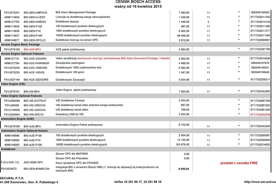 detekcyjnych 9 365,00 11 * 8717332011377 4998113937 BIS-GEN-P10K 10000 dodatkowych punktów detekcyjnych 86 648,00 11 * 8717332011384 4998149077 BIS-GEN-OPCLIC Dodatkowa licencja na serwer OPC 2