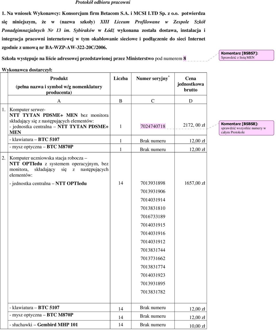 Szkoła występuje na liście adresowej przedstawionej przez Ministerstwo pod numerem 8 Wykonawca dostarczył: 1. 2.