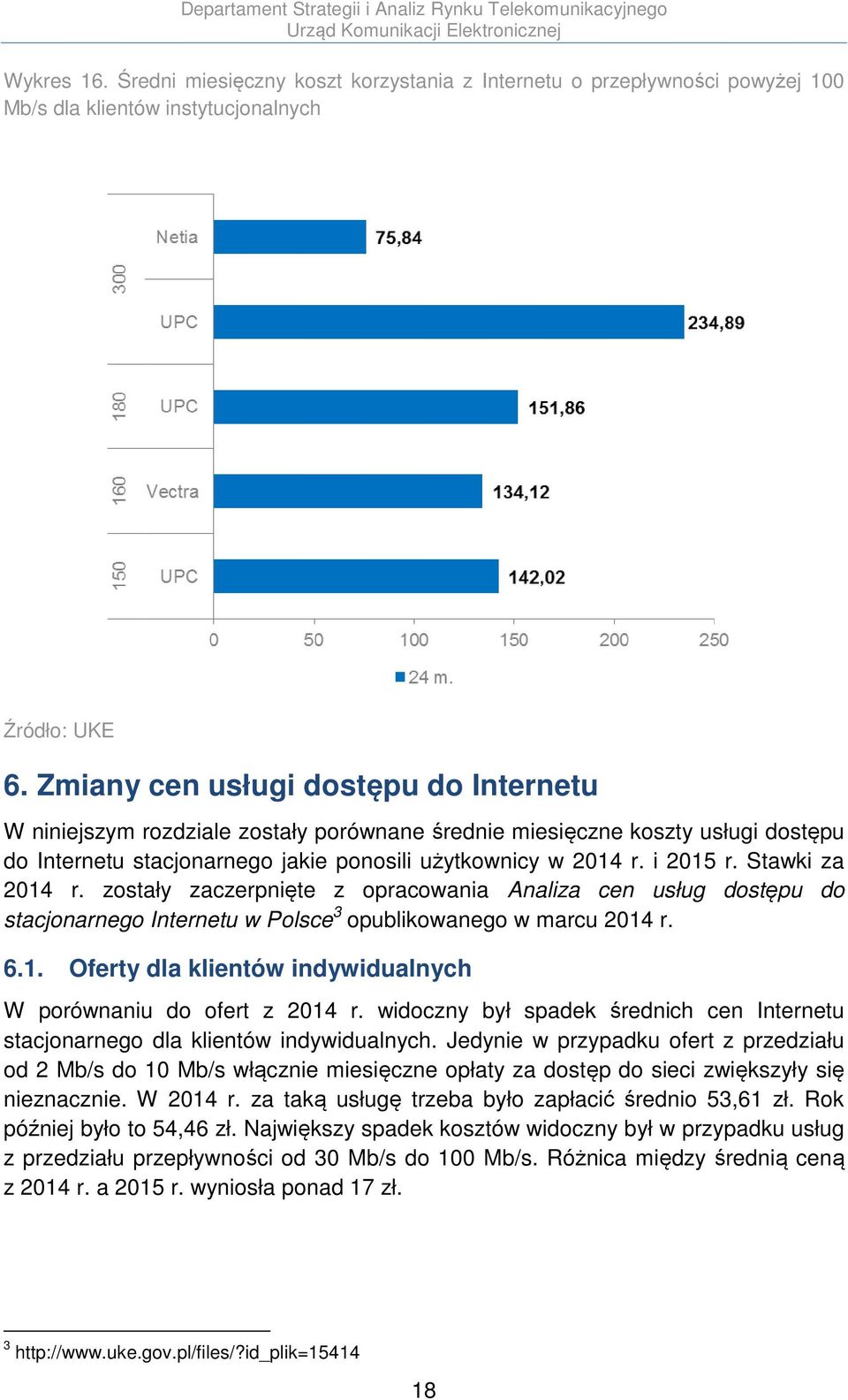 Stawki za 2014 r. zostały zaczerpnięte z opracowania Analiza cen usług dostępu do stacjonarnego Internetu w Polsce 3 opublikowanego w marcu 2014 r. 6.1. Oferty dla klientów indywidualnych W porównaniu do ofert z 2014 r.