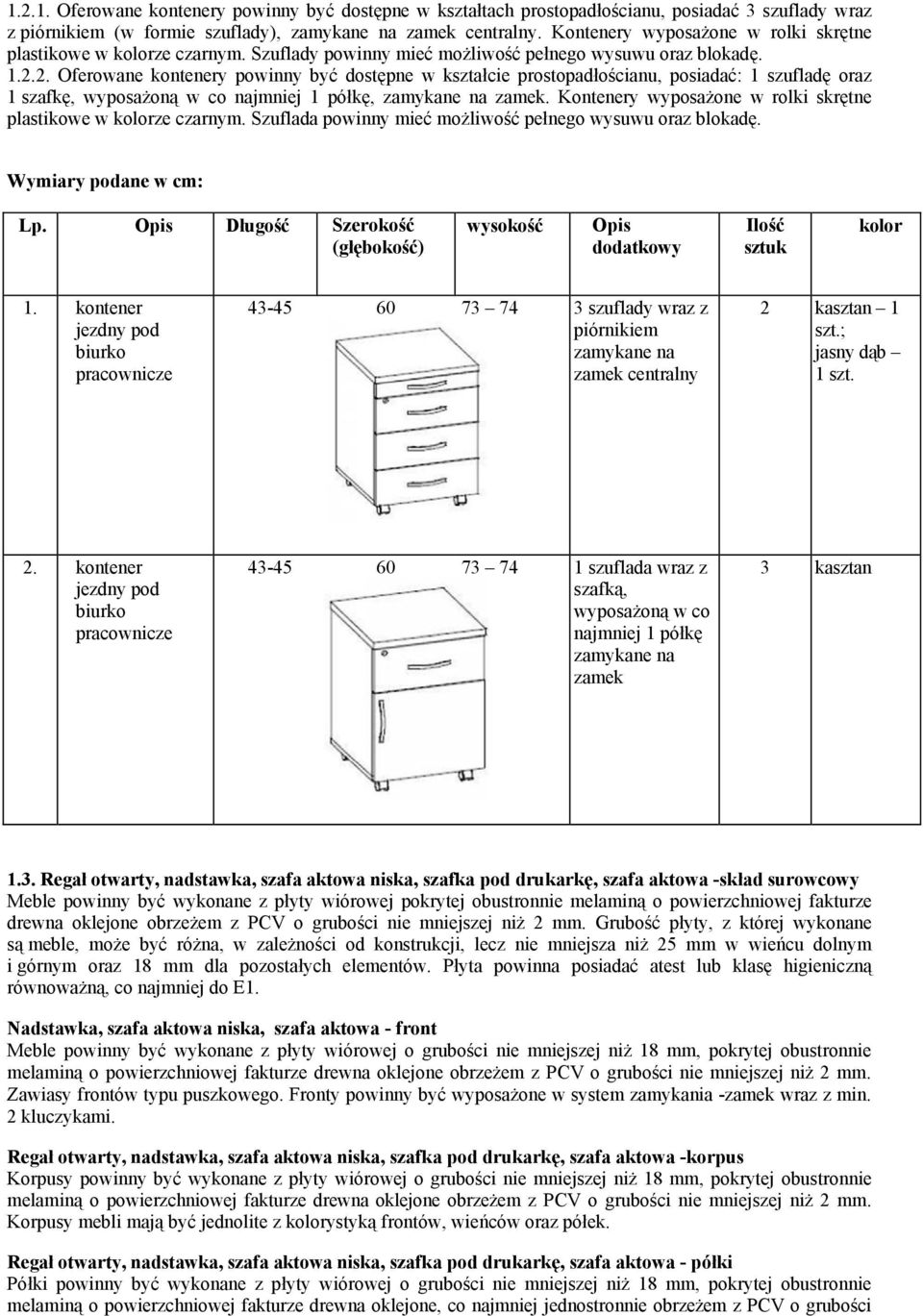 2. Oferowane kontenery powinny być dostępne w kształcie prostopadłościanu, posiadać: 1 szufladę oraz 1 szafkę, wyposażoną w co najmniej 1 półkę, zamykane na zamek.