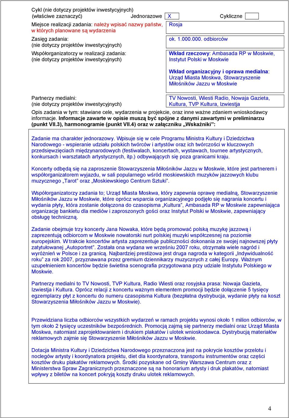 000. odbiorców Wkład rzeczowy: Ambasada RP w Moskwie, Instytut Polski w Moskwie Wkład organizacyjny i oprawa medialna: Urząd Miasta Moskwa, Stowarzyszenie Miłośników Jazzu w Moskwie TV Nowosti,