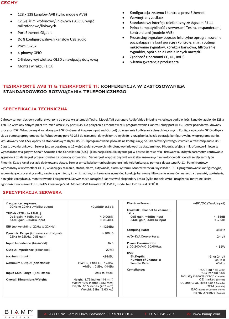 kompatybilność z serwerami Tesira, ekspanderami, kontrolerami (modele AVB) Processing