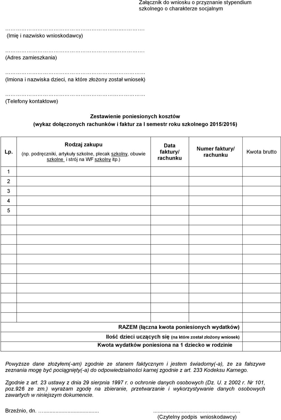 szkolnego 2015/2016) Lp. Rodzaj zakupu (np. podręczniki, artykuły szkolne, plecak szkolny, obuwie szkolne i strój na WF szkolny itp.