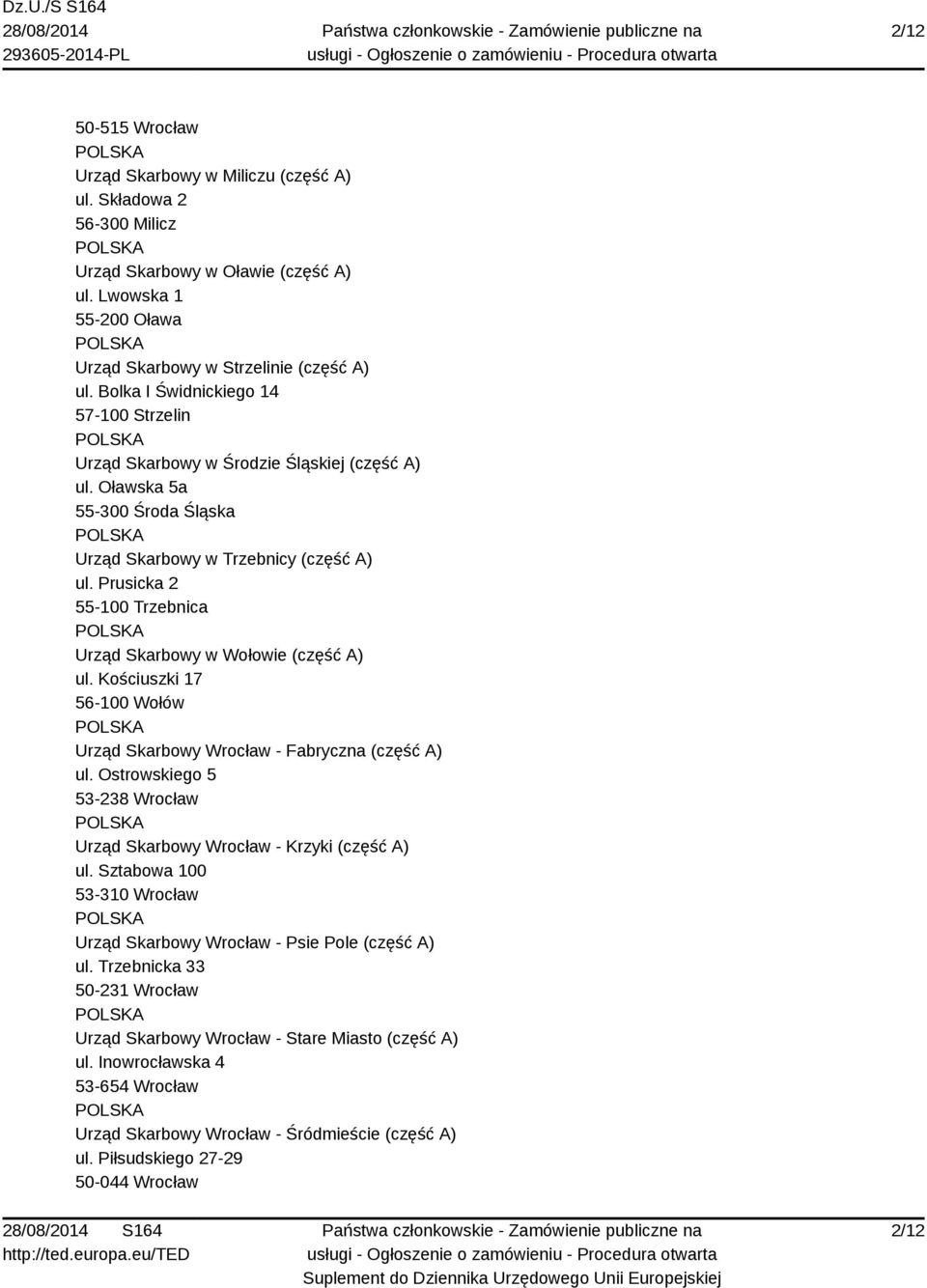 Prusicka 2 55-100 Trzebnica Urząd Skarbowy w Wołowie (część A) ul. Kościuszki 17 56-100 Wołów Urząd Skarbowy Wrocław - Fabryczna (część A) ul.