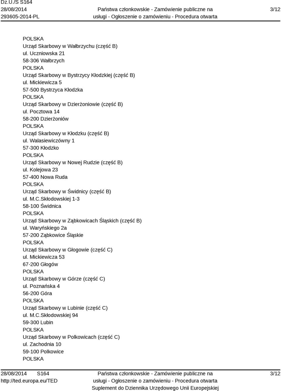 Walasiewiczówny 1 57-300 Kłodzko Urząd Skarbowy w Nowej Rudzie (część B) ul. Kolejowa 23 57-400 Nowa Ruda Urząd Skarbowy w Świdnicy (część B) ul. M.C.