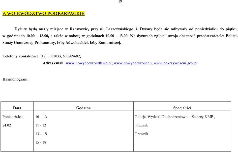 18.00, a także w sobotę w godzinach 10.00 13.00. Na dyżurach zgłosili swoja obecność przedstawiciele: Policji, Straży Granicznej, Prokuratury, Izby Adwokackiej, Izby Komorniczej.