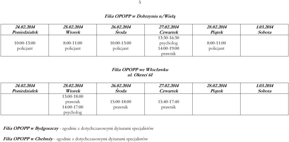 02.2014 Środa 15:00-18:00 prawnik 27.02.2014 Czwartek 15:40-17:40 prawnik 28.02.2014 Piątek 1.03.