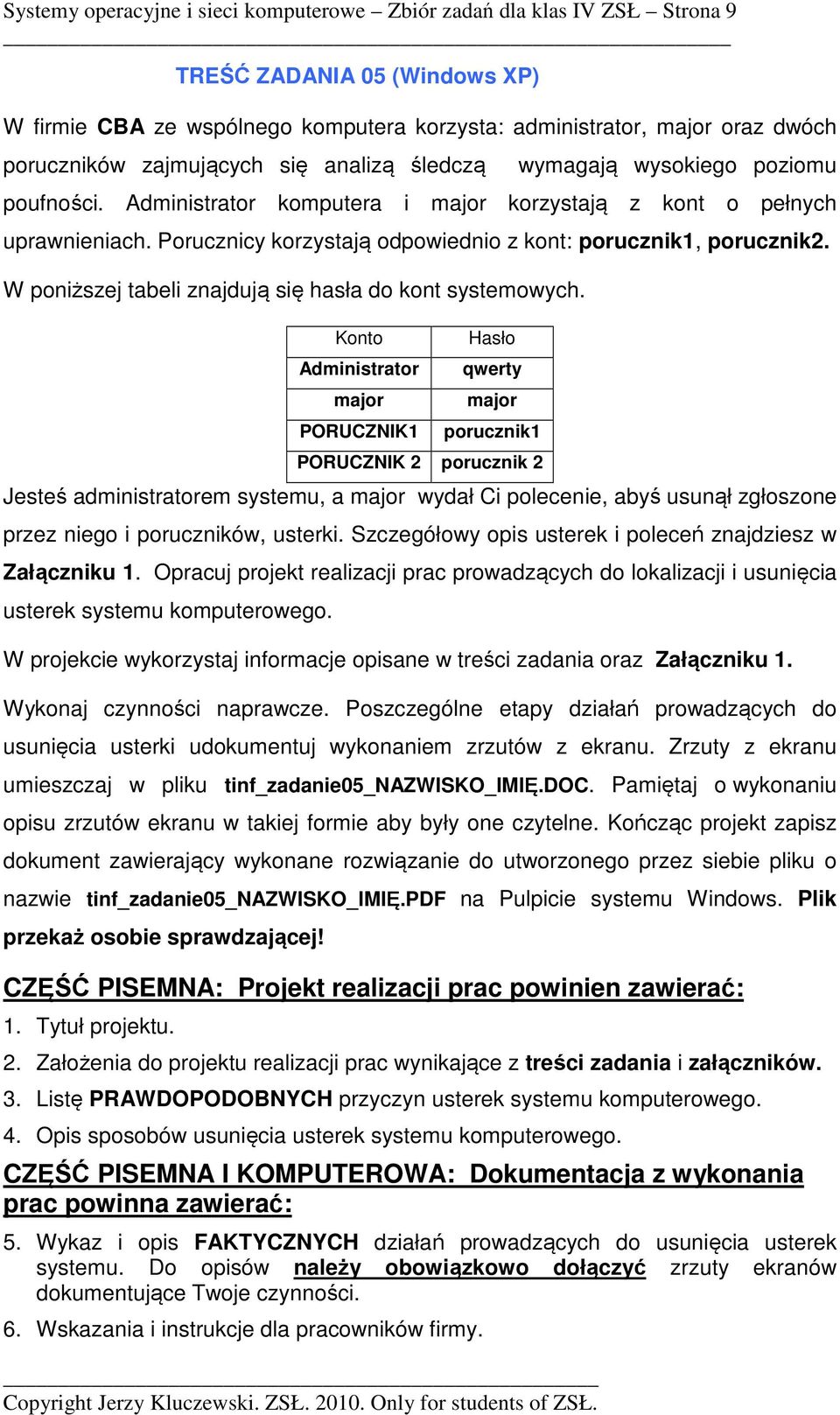 W poniższej tabeli znajdują się hasła do kont systemowych.