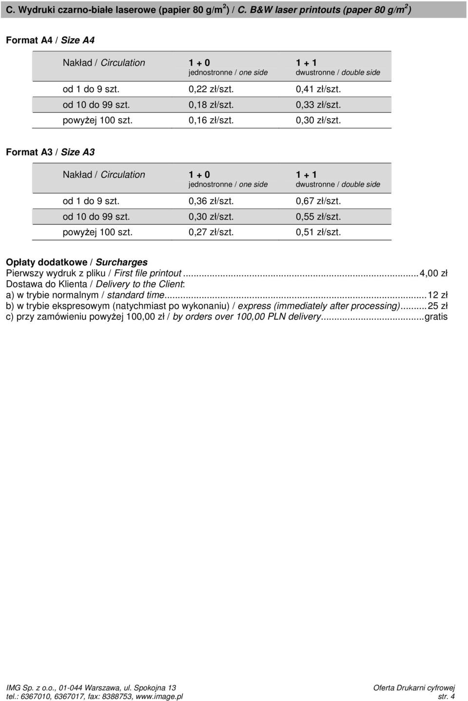 od 1 do 9 szt. 0,36 zł/szt. 0,67 zł/szt. od 10 do 99 szt. 0,30 zł/szt. 0,55 zł/szt. powyżej 100 szt. 0,27 zł/szt.