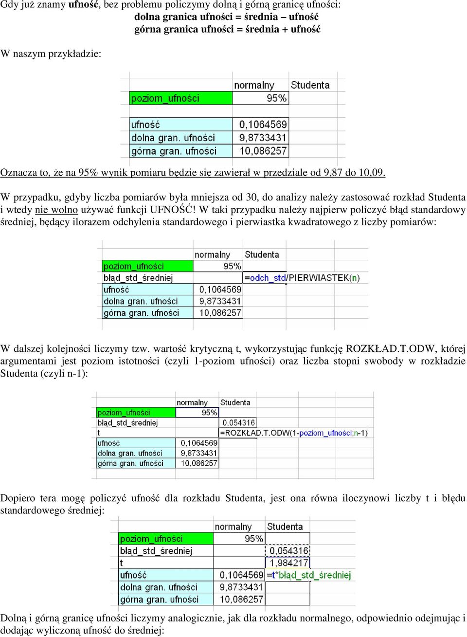 W przypadku, gdyby liczba pomiarów była mniejsza od 30, do analizy należy zastosować rozkład Studenta i wtedy nie wolno używać funkcji UFNOŚĆ!