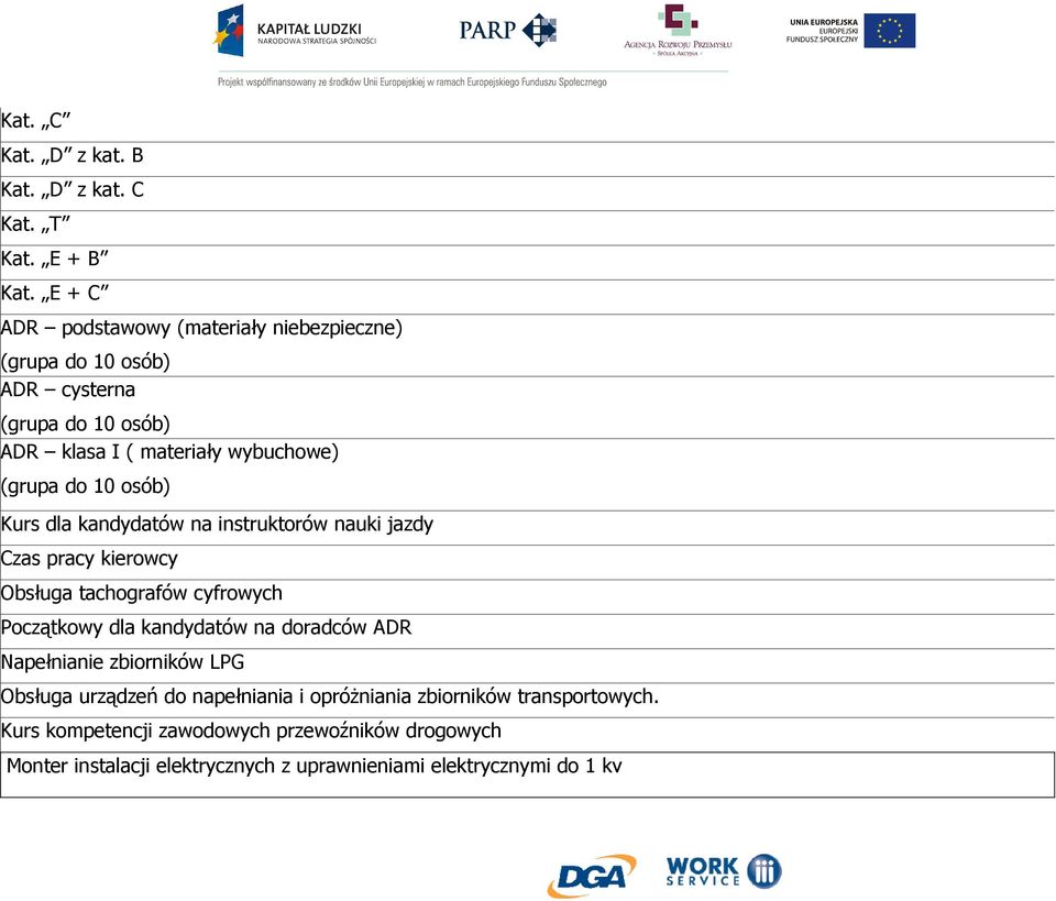 10 osób) Kurs dla kandydatów na instruktorów nauki jazdy Czas pracy kierowcy Obsługa tachografów cyfrowych Początkowy dla kandydatów na
