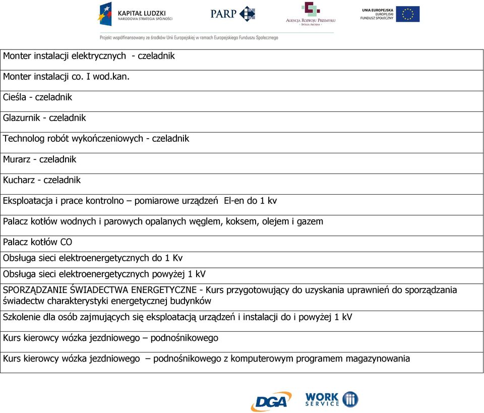 kotłów wodnych i parowych opalanych węglem, koksem, olejem i gazem Palacz kotłów CO Obsługa sieci elektroenergetycznych do 1 Kv Obsługa sieci elektroenergetycznych powyŝej 1 kv SPORZĄDZANIE