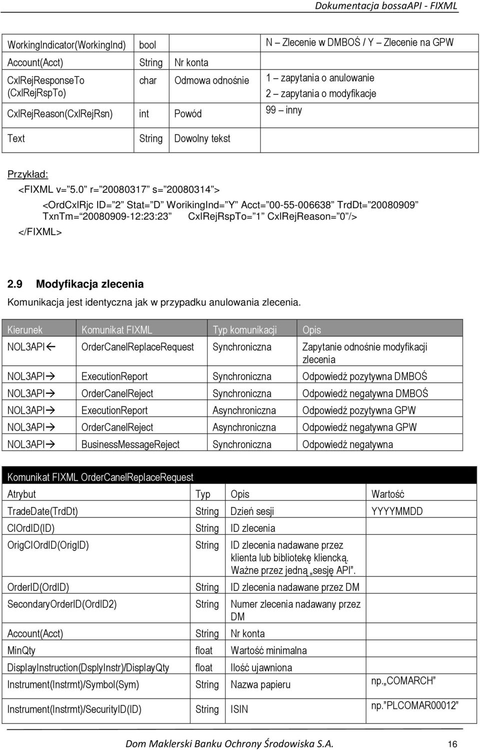 CxlRejReason= 0 /> 2.9 Modyfikacja zlecenia Komunikacja jest identyczna jak w przypadku anulowania zlecenia.