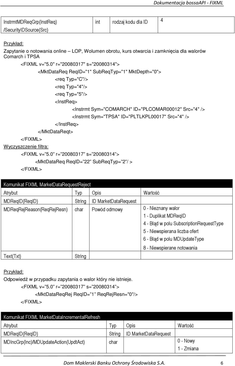 Sym="COMARCH" ID="PLCOMAR00012" Src="4" /> <Instrmt Sym="TPSA" ID="PLTLKPL00017" Src="4" /> <MktDataReq ReqID= 22 SubReqTyp= 2 / > Komunikat FIXML MarketDataRequestReject MDReqID(ReqID) String ID
