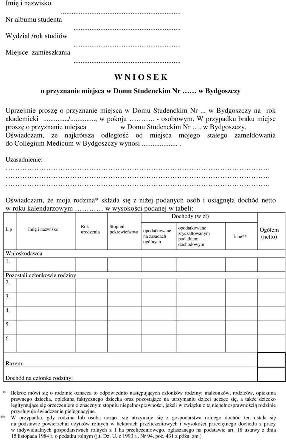 W przypadku braku miejsc proszę o przyznanie miejsca w Domu Studenckim Nr. w Bydgoszczy.