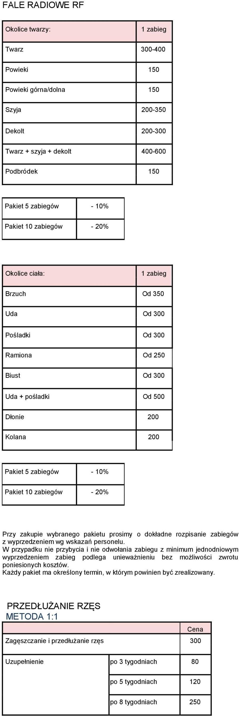 20% Przy zakupie wybranego pakietu prosimy o dokładne rozpisanie zabiegów z wyprzedzeniem wg wskazań personelu.