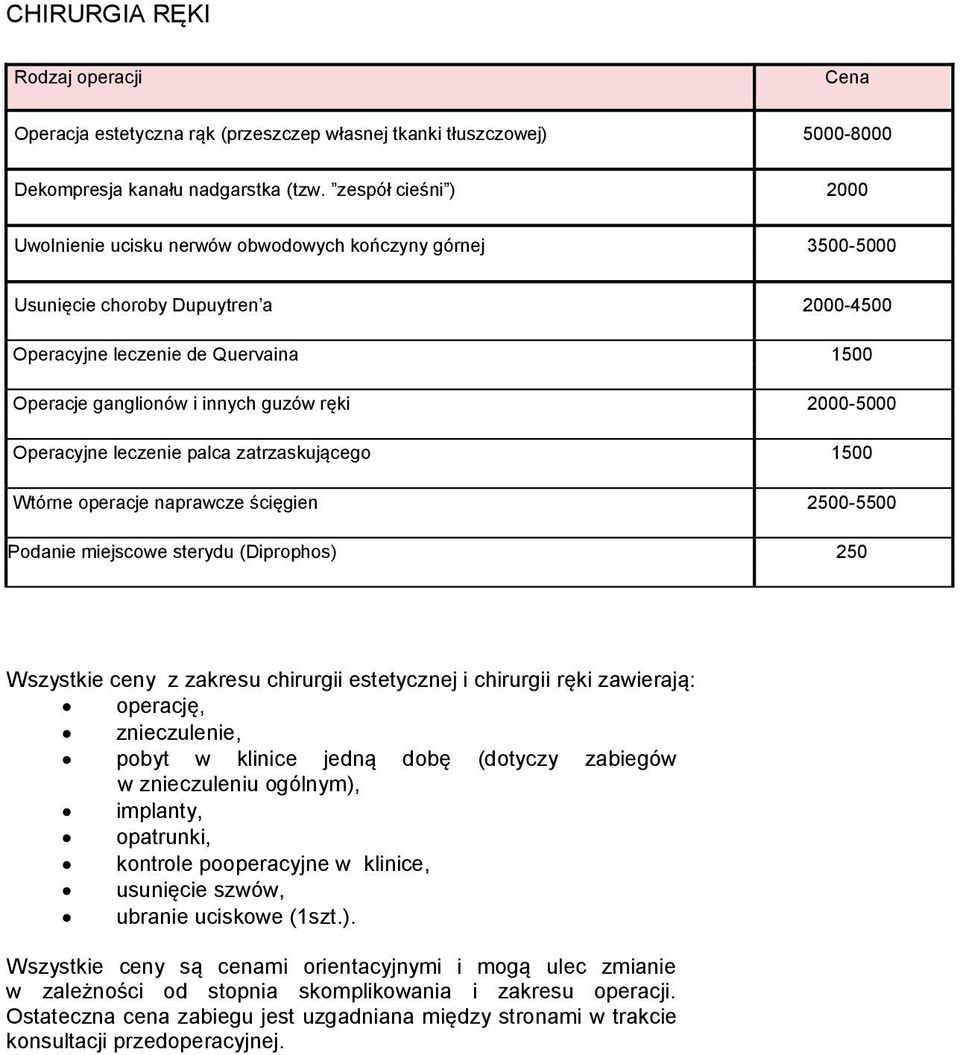 ręki 2000-5000 Operacyjne leczenie palca zatrzaskującego 1500 Wtórne operacje naprawcze ścięgien 2500-5500 Podanie miejscowe sterydu (Diprophos) 250 Wszystkie ceny z zakresu chirurgii estetycznej i