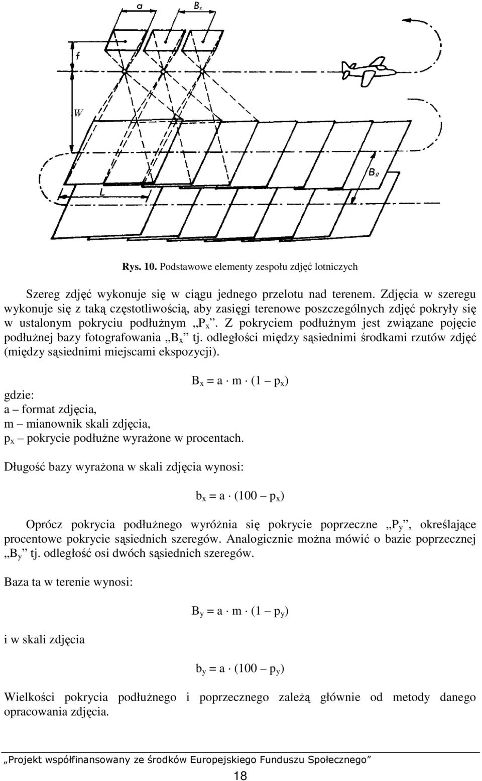 Z pokryciem podłuŝnym jest związane pojęcie podłuŝnej bazy fotografowania B x tj. odległości między sąsiednimi środkami rzutów zdjęć (między sąsiednimi miejscami ekspozycji).