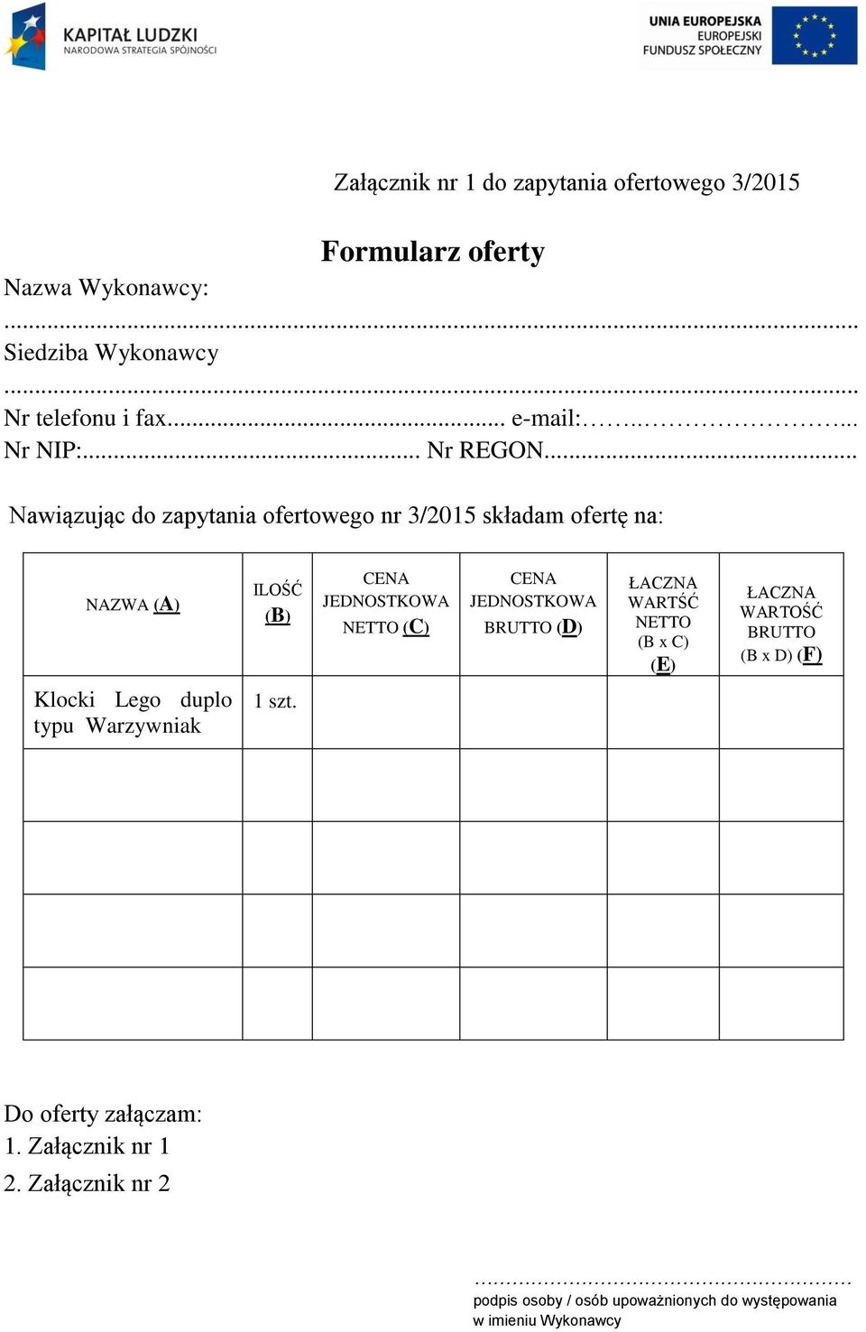 .. Nawiązując do zapytania ofertowego nr 3/2015 składam ofertę na: NAZWA (A) ILOŚĆ (B) CENA JEDNOSTKOWA NETTO (C) CENA JEDNOSTKOWA