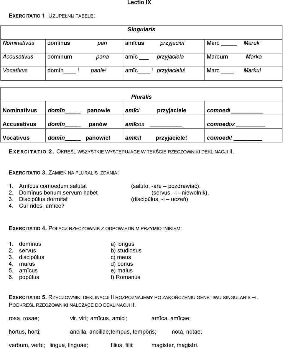 OKREŚL WSZYSTKIE WYSTĘPUJĄCE W TEKŚCIE RZECZOWNIKI DEKLINACJI II. EXERCITATIO 3. ZAMIEŃ NA PLURALIS ZDANIA: 1. Amīcus comoedum salutat (saluto, -are pozdrawiać). 2.
