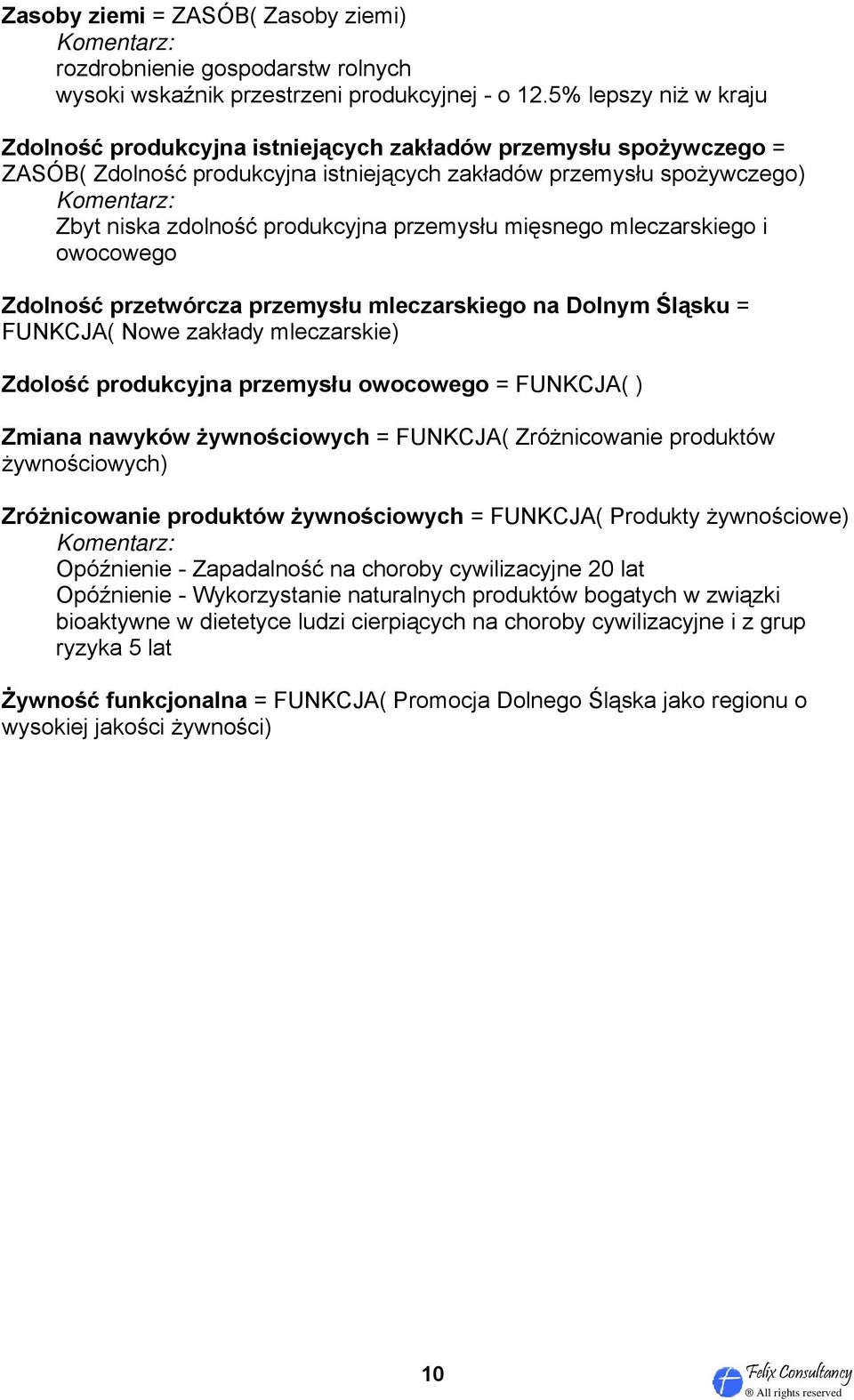 przemysłu mięsnego mleczarskiego i owocowego Zdolność przetwórcza przemysłu mleczarskiego na Dolnym Śląsku = FUNKCJA( Nowe zakłady mleczarskie) Zdolość produkcyjna przemysłu owocowego = FUNKCJA( )